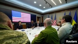 U.S. Secretary of State Antony Blinken and U.S. Defense Secretary Lloyd Austin attend a meeting with Ukraine's President Volodymyr Zelenskyy, as Russia's attack on Ukraine continues, in Kyiv, Ukraine April 24, 2022.