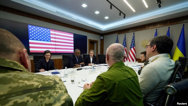 U.S. Secretary of State Antony Blinken and U.S. Defense Secretary Lloyd Austin attend a meeting with Ukraine's President Volodymyr Zelenskyy, as Russia's attack on Ukraine continues, in Kyiv, Ukraine April 24, 2022.