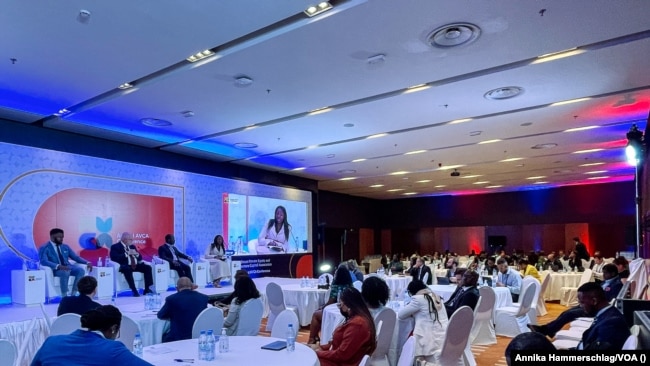A panel discussion takes place at the annual Private Equity and Venture Capital Association conference in Dakar, Senegal, April 26, 2022.