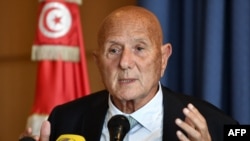 Tunisian politician Ahmed Najib Chebbi speaks during a press conference in the capital Tunis to announce the launch of the establishment of the "National Salvation Front" 4.26.2022