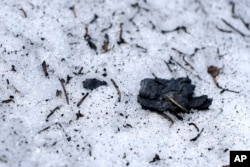 Burned tree bark and other debris sit on melting snow at the site of the 2021 Caldor Fire, Monday, April 4, 2022. (AP Photo/Brittany Peterson)