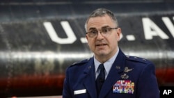 File - U.S. Air Force Maj. Gen. William Cooley, Air Force Research Laboratory commander, delivers remarks during a press conference inside the National Museum of the United States Air Force, Wright-Patterson Air Force Base, Ohio, April 18, 2019. 