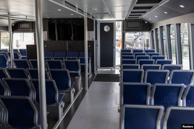 An interior view of the cabin aboard Sea Change, a 70-foot, 75 passenger ferry, that is propelled entirely by hydrogen fuel cells, while it is docked at Squalicum Harbor in Bellingham, Washington, U.S., April 7, 2022. (REUTERS/Matt Mills McKnight)