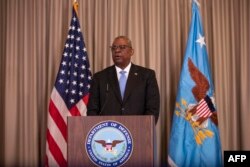 U.S. Secretary of Defense Lloyd Austin delivers a press conference after a meeting with members of a Ukraine Security Consultative Group at the U.S. Air Base in Ramstein, Germany, April 26, 2022.
