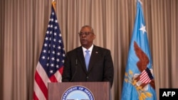 U.S. Secretary of Defense Lloyd Austin delivers a press conference after a meeting with members of a Ukraine Security Consultative Group at the U.S. Air Base in Ramstein, Germany, April 26, 2022.