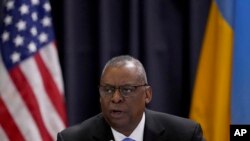 U.S. Secretary of Defense Lloyd Austin delivers a speech as he hosts the meeting of the Ukraine Security Consultative Group at Ramstein Air Base in Ramstein, Germany, April 26, 2022.