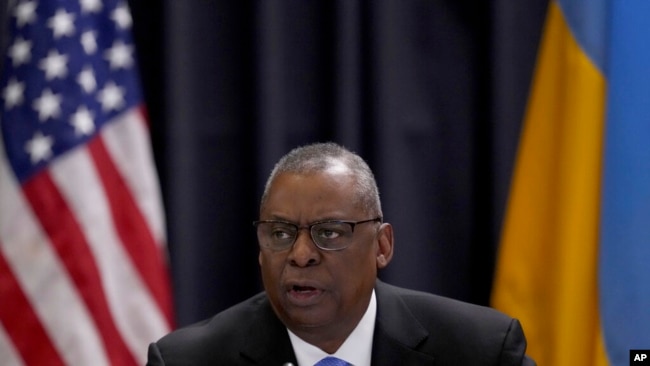 U.S. Secretary of Defense Lloyd Austin delivers a speech as he hosts the meeting of the Ukraine Security Consultative Group at Ramstein Air Base in Ramstein, Germany, April 26, 2022.