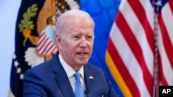 President Joe Biden speaks as he meets with small-business owners in the South Court Auditorium on the White House complex in Washington, April 28, 2022.