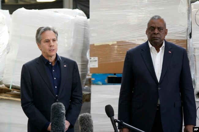 Secretary of Defense Lloyd Austin and Secretary of State Antony Blinken, speak with reporters Monday, April 25, 2022, in Poland, near the Ukraine border, after returning from their trip to Kyiv, Ukraine, and meeting with Ukrainian President Volodymyr Zelenskyy. (AP Photo/Alex Brandon, Pool)