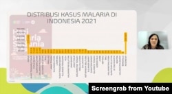 Pelaksana tugas Direktur Pencegahan dan Pengendalian Penyakit Menular, Kemenkes, dokter Tiffany Tiara Pakasi menyampaikan capaian eliminasi malaria 2021, terbanyak di regional Jawa-Bali yang telah mencapai 124 kabupaten dan kota (97 persen), Jumat (22/4/2022) (Foto: Tangkapan Layar).