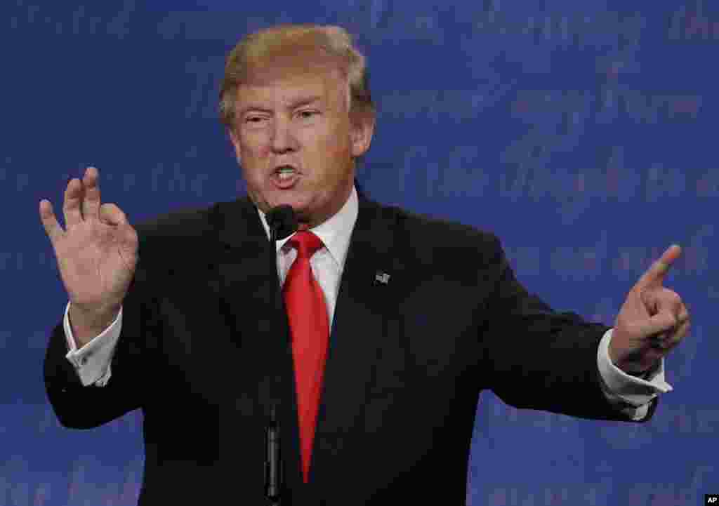 Republican presidential nominee Donald Trump during the third presidential debate with Democratic presidential nominee Hillary Clinton at UNLV in Las Vegas, Oct. 19, 2016.