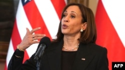 US Vice President Kamala Harris speaks during a press conference with the Polish President at Belwelder Palace in Warsaw, March 10, 2022.