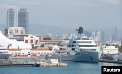 Roman Abramovich's super yacht Solaris is seen at Barcelona Port in Barcelona city, Spain, March 3, 2022.