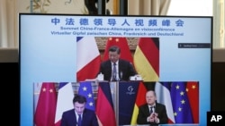 중국과 독일, 프랑스 정상이 8일 화상 회담하고 있다. 화면 위부터 시계방향으로 시진핑 중국 국가주석, 올라프 숄츠 독일 총리, 에마뉘엘 마크롱 프랑스 대통령.