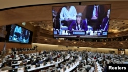 FILE - United Nations High Commissioner for Human Rights Michelle Bachelet attends the special session of the UN Human Rights Council, on the situation in Ukraine at the United Nations, in Geneva, March 3, 2022.