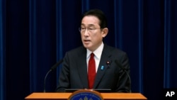 FILE - Japan's Prime Minister Fumio Kishida speaks during a press conference at his official residence in Tokyo, Feb. 25, 2022. Japan announced Tuesday a new round of sanctions on Russia since its invasion of Ukraine.