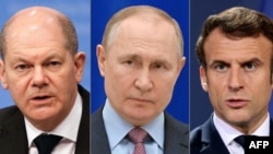 왼쪽부터 올라프 숄츠 독일 총리와 블라디미르 푸틴 러시아 대통령, 에마뉘엘 마크롱 프랑스 대통령.
