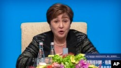 FILE - International Monetary Fund Managing Director Kristalina Georgieva speaks at the Diaoyutai State Guesthouse in Beijing, Nov. 21, 2019.