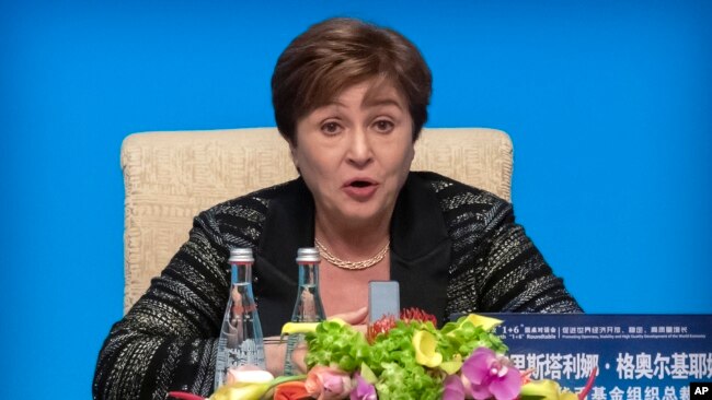 FILE - International Monetary Fund Managing Director Kristalina Georgieva speaks at the Diaoyutai State Guesthouse in Beijing, Nov. 21, 2019.