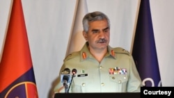 Pakistan army spokesman Major General Babar Iftikhar addresses a news conference in Rawalpindi, March 10, 2022 (ISPR).