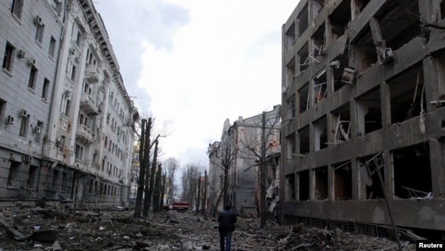 A view shows buildings damaged by recent shelling during Russia's invasion of Ukraine in Kharkiv, Ukraine, March 8, 2022.