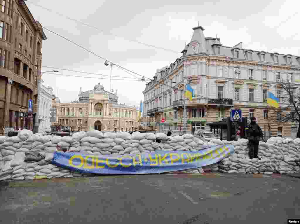 A barricade made of sandbags is seen in central Odessa, March 8, 2022.