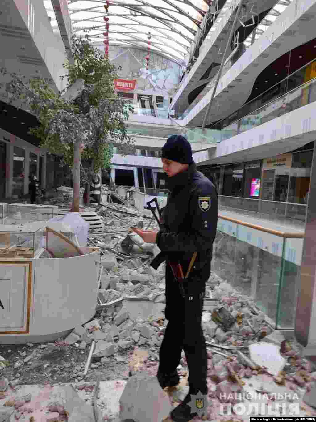 The shopping mall &quot;Nikolsky&quot; is seen destroyed in the aftermath of shelling amid the Russian invasion of Ukraine, in Kharkiv, in this picture uploaded on social media, March 10, 2022.