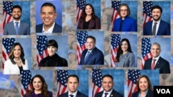 Estos son los 14 nuevos congresistas de origen hispano que llegaron a la Casa de Representanes en Washington para asumir la legislatura del 118.º Congreso que durará dos años. [Fotocomposición VOA]