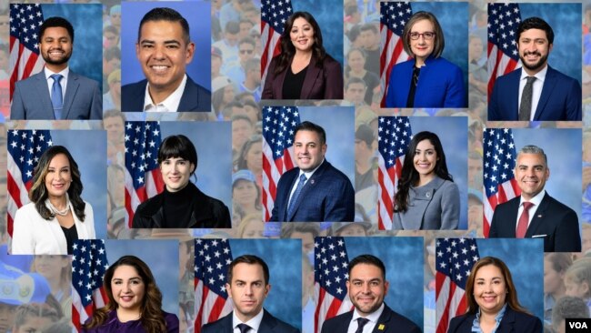 Estos son los 14 nuevos congresistas de origen hispano que llegaron a la Casa de Representanes en Washington para asumir la legislatura del 118.º Congreso que durará dos años. [Fotocomposición VOA]