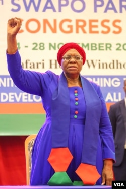 Newly-elected Swapo Party vice president and presidential candidate Netumbo Nandi-Ndaitwah acknowledges ovations at the 7th Swapo Party Congress in Windhoek, Namibia, Nov. 29, 2022. (Vitalio Angula/VOA)