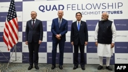 FILE - Australian Prime Minister Anthony Albanese, U.S. President Joe Biden, Japanese Prime Minister Fumio Kishida and Indian Prime Minister Narendra Modi gather during the Quad leaders' summit at Kantei in Tokyo on May 24, 2022. 