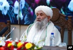 FILE - Taliban Prime Minister Mullah Hassan Akhund speaks at the former Presidential Palace in Kabul, Afghanistan, Jan. 19, 2022.