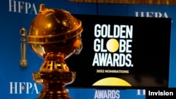 FILE - A Golden Globe statue appears at the nominations event for the 79th annual Golden Globe Awards at the Beverly Hilton Hotel in Beverly Hills, California, Dec. 13, 2021.