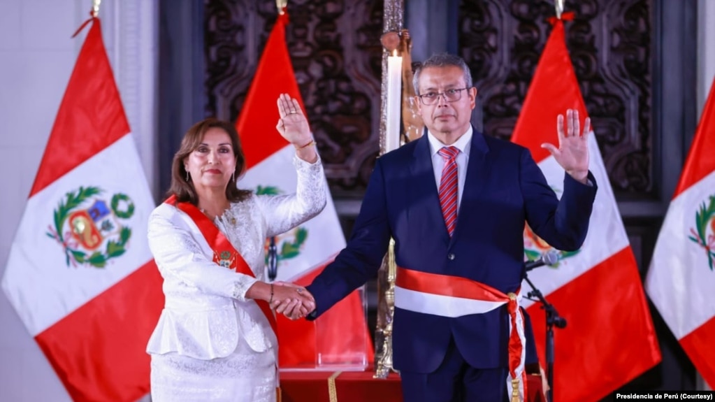 The President of Peru, Dina Boluarte, and the Prime Minister, Pedro Angulo, at the Presidential Palace in Lima, Peru, on Saturday, December 10, 2022.