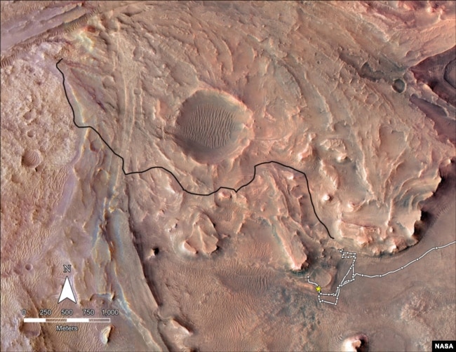 This map shows a planned path NASA’s Perseverance Mars rover will take across the top of Jezero Crater’s delta. (Credits: NASA/JPL-Caltech)