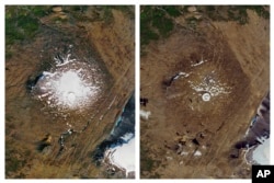 This combination image from Sept. 14, 1986, left, and Aug. 1, 2019, photos provided by NASA show the shrinking of the Okjokull glacier on the Ok volcano in west-central Iceland. (NASA via AP, File)