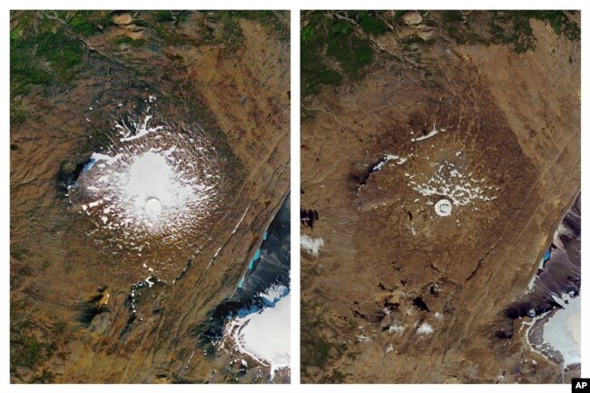 This combination image from Sept. 14, 1986, left, and Aug. 1, 2019, photos provided by NASA show the shrinking of the Okjokull glacier on the Ok volcano in west-central Iceland. (NASA via AP, File)