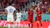 Carlos Soler, right, celebrates Spain's sixth goal during the World Cup group E soccer match between Spain and Costa Rica, at the Al Thumama Stadium in Doha, Qatar, Nov. 23, 2022. Spain won 7-0.