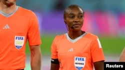 Salima Mukansanga prepares to officiate a Group D FIFA World Cup match between Tunisia and France