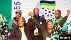 Cyril Ramaphosa reacts after being re-elected as ANC president during the 55th National Conference of the ruling African National Congress (ANC) at the Nasrec Expo Centre in Johannesburg, South Africa, December 19, 2022. 