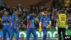 Pemain kriket Australia, Pat Cummins (kanan) meninggalkan lapangan saat berlangsungnya pertandingan Piala Dunia ICC 2022 antara Australia dan Afghanistan di Adelaide Oval, Adelaide, Australia. 4 November 2022. (Brenton EDWARDS / AFP)