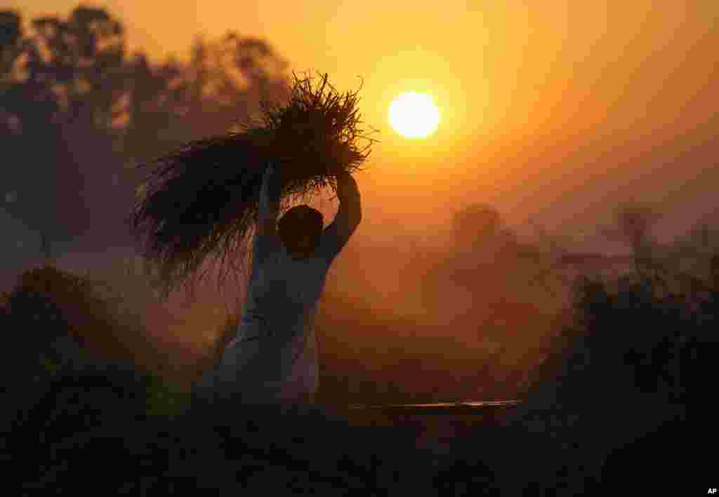 A farmer thrashes wheat crop after harvest early morning near the India-Pakistan border area of Ranbir Singh Pura, about 35 kilometers south of Jammu, India.&nbsp;(AP Photo/Channi Anand)