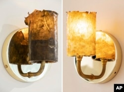 This combination of photos released by NEA Studio shows sconces made from dried algae from designer Nina Edwards Ankers. (NEA Studio via AP)