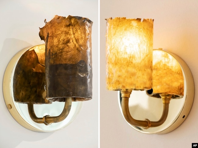 This combination of photos released by NEA Studio shows sconces made from dried algae from designer Nina Edwards Ankers. (NEA Studio via AP)