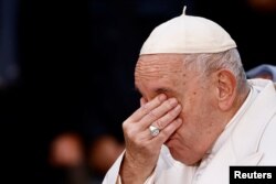 Pope Francis cries while speaking about Ukraine as he attends the Immaculate Conception celebration prayer in Piazza di Spagna in Rome, Italy, Dec. 8, 2022.