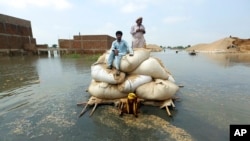 FILE - Flood victims use a makeshift barge to carry hay for cattle, in Jaffarabad, a district of Pakistan's southwestern Baluchistan province, on Sept. 5, 2022.