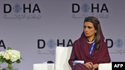 FILE - Pakistan’s then-former Foreign Minister Hina Rabbani Khar takes part in a panel discussion during the Doha Forum, in Qatar's capital, March 27, 2022. Khar currently serves as Pakistan's minister of state for foreign affairs, a position distinct from her previous.