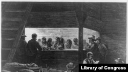 This 1875 wood engraving shows rations being distributed at Red Cloud Indian Agency, Red Cloud, Nebraska. 