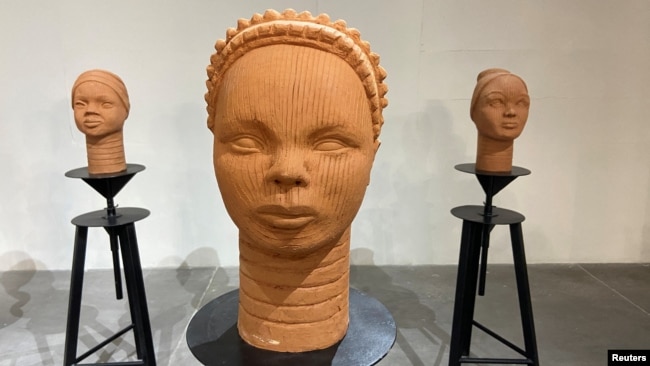 Terra cotta heads seen on display at a museum, a French woman collection representing the remaining Chibok school girls in captivity in Lagos, Nigeria, November 29, 2022. (REUTERS/Seun Sanni)