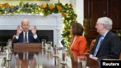 U.S. President Joe Biden meets with congressional leaders including Speaker of the House Nancy Pelosi and Senate Republican leader Mitch McConnell at the White House in Washington, Nov. 29, 2022.